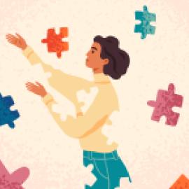 illustration - woman pulling different color puzzle pieces, holding some in one color and reaching for one in same color