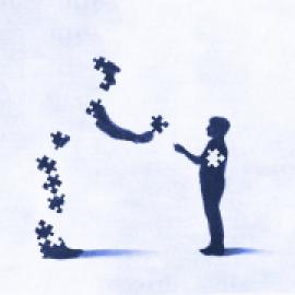 figured with missing pieces giving pieces to smaller figure, child-appearing, whole but for one missing piece