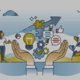 illustration of person on land in clouds being held by two hands, looking up with puzzle piece, arrow pointing up, and thumbs up