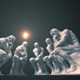 A series of Thinker-like statues with lightbulb alit above one