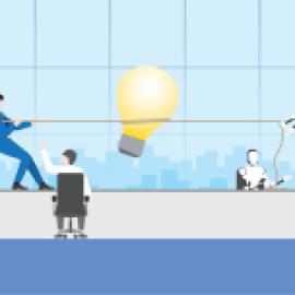 humans in a tug of war with robots over a lightbulb in an office setting