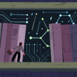 Lawyer standing on a giant bookshelf with a circuit-like backdrop behind the books.