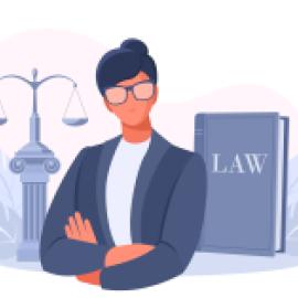 Illustration of a female lawyer in front of a legal book and legal scales.