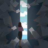 Bright sky in view amongst a whirlwind of papers