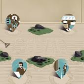 A sand garden with the word COVID. Several images of pandemic work life