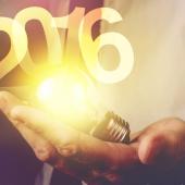 in the palm of a man's hands is a glowing lightbulb with 2016 rising above it