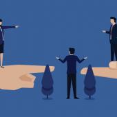 illustration of two hands pointing at each other with people in suits standing on top of each hand yelling at each other, one man in the middle mediating the two groups