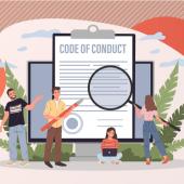 Illustration of four people closely examining a large clipboard labelled "code of conduct"