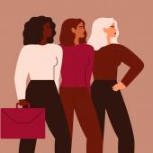 Red tones digital drawing of three diverse business women
