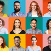 Rows of diverse headshots with bright, colorful backgrounds