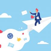 Flat design of a businessman flying in a paper airplane, leaving a trail of emojis.