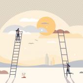 Two women climbing up ladders