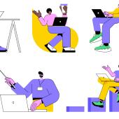 illustration of people, dark and light skin color, working, some on desks, come just on chairs with laptops, as though working remotely, some maybe in workplace, some together