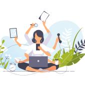 illustration-woman, white, it appears, w/estimated 7 arms, holding devices, phone, sitting criss-cross with laptop on lap, plants surrounding her