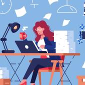 illustration of what appears to be woman, white, at desk, working laptop, papers flying background and piled next to her