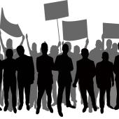 illustation in black and gray of people holding posters like protesting