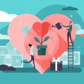 illustration focused on heart with heart inside as plant people are watering and it's surrounded by paper money