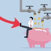 illustration of figure, looks like white man, sitting on piggy bank, coins dropping from pipes above, arrow pointing down and he is pushing it up