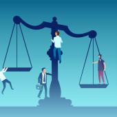 scales of justice illustration, four figures, appears to be men, white, brown, one in one scale, other pulling into the other, higher, one climbed up middle, one appears about to