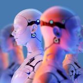 Group of humanoid robots lined up in a row. 