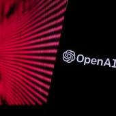 OpenAI logo on the background of red lights.