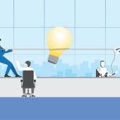 humans in a tug of war with robots over a lightbulb in an office setting