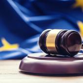 Gavel on a wooden table with the EU flag in the background. 