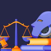 Scales of justice with a robot head sitting on a pile of legal books. 