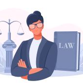 Illustration of a female lawyer in front of a legal book and legal scales.