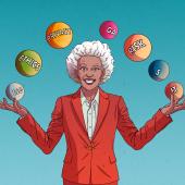 In-house counsel juggling balls with labels of Risk, Ethics, Privacy, GA, IT, ESG, and Finance.