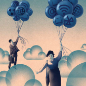 two business people flying by holding balloons